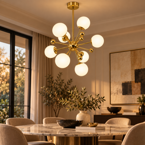 Lustra cu 8 globuri Ø13 cm, AVI®, 8 x E27, structura aurie cu centru sferic si brate radiale, design modern decorativ, AVI-5587 [2]