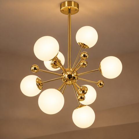 Casa - Lustra cu 8 globuri Ø13 cm, AVI®, 8 x E27, structura aurie cu centru sferic si brate radiale, design modern decorativ, AVI-5587