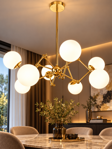 Lustra cu 8 globuri Ø13 cm, AVI®, 8 x E27, structura aurie, design modern decorativ, AVI-5584 [2]