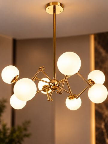 Lustre si pendule - Lustra cu 8 globuri Ø13 cm, AVI®, 8 x E27, structura aurie, design modern decorativ, AVI-5584