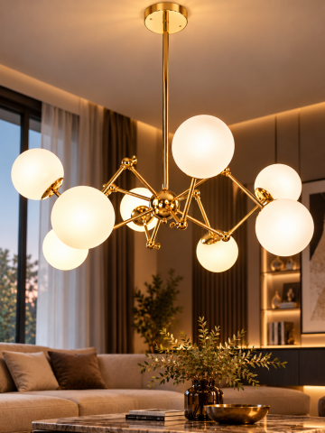 Lustra cu 8 globuri Ø13 cm, AVI®, 8 x E27, structura aurie, design modern decorativ, AVI-5584 [1]