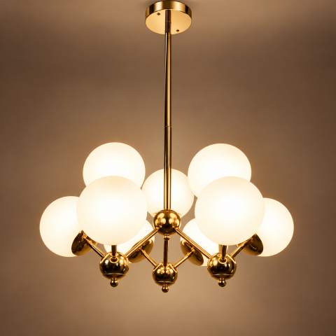 Casa - Lustra cu 9 globuri Ø13 cm, AVI®, 9 x E27, structura aurie cu brate radiale si elemente sferice decorative, AVI-5610