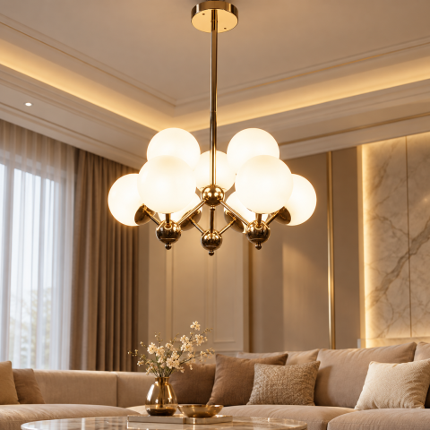 Lustra cu 9 globuri Ø13 cm, AVI®, 9 x E27, structura aurie cu brate radiale si elemente sferice decorative, AVI-5610 [4]