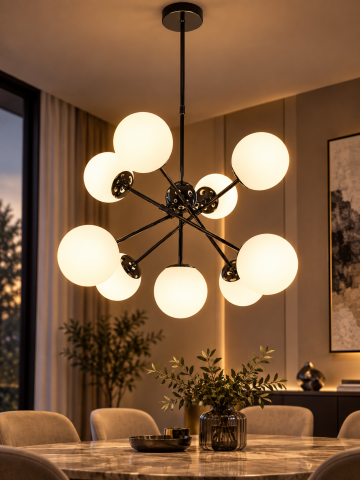 Lustra cu 9 globuri Ø13 cm, AVI®, 9 x E27, structura metalica neagra, cu brate radiale, design modern decorativ, AVI-5597 [1]