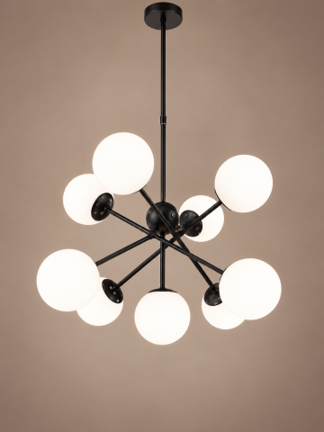 Lustre si pendule - Lustra cu 9 globuri Ø13 cm, AVI®, 9 x E27, structura metalica neagra, cu brate radiale, design modern decorativ, AVI-5597