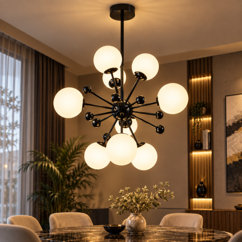 Lustra cu 9 globuri Ø13 cm, AVI®, 9 x E27, structura neagra cu centru sferic, brate radiale si bile decorative, design modern tridimensional, AVI-5589 [1]
