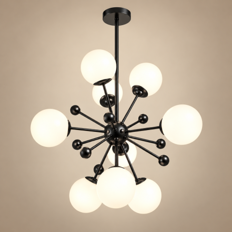 Casa - Lustra cu 9 globuri Ø13 cm, AVI®, 9 x E27, structura neagra cu centru sferic, brate radiale si bile decorative, design modern tridimensional, AVI-5589