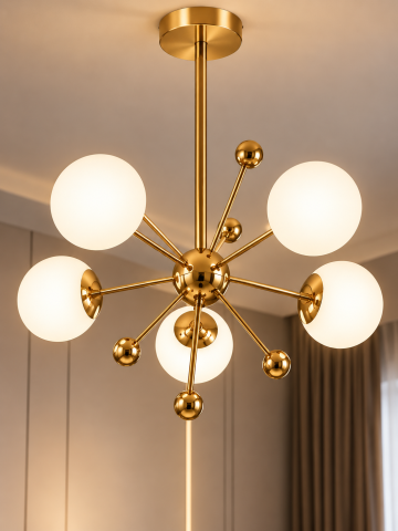 Lustre si pendule - Lustră decorativă, AVI®, 5 globuri Ø13 cm, 5 x E27, schelet auriu cu centru sferic și accesorii decorative tip bilă, AVI-5586