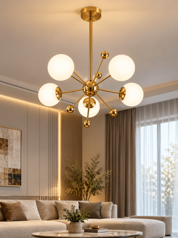 Lustra decorativa, AVI®, 5 globuri Ø13 cm, 5 x E27, schelet auriu cu centru sferic si accesorii decorative tip bila, AVI-5586 [2]
