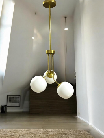 Lustra inalta, 85 cm, cu 3 brate cu globuri Ø13 cm, E27, schelet complet metalic auriu, AVI-4398 [3]