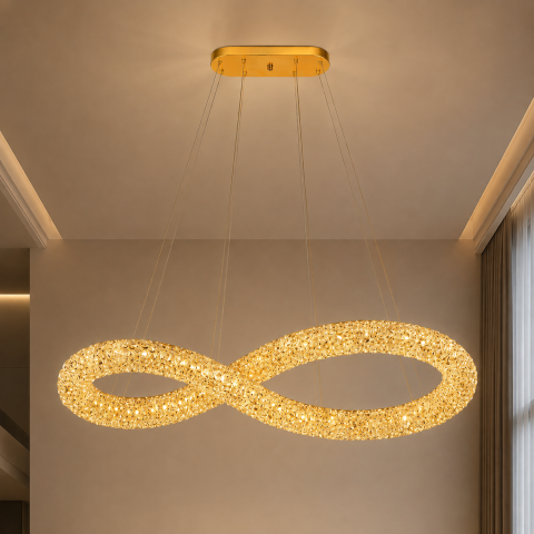 Lustră LED cu mini-cristale, AVI®, 110 x 40 cm, model spiralată în formă de 8, one-piece, telecomandă, 3 tipuri de lumină, efect luxury, configurație (40-60W) x 4, AVI-5565 [3]