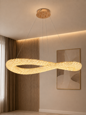 Lustre si pendule - Lustră LED cu mini-cristale, AVI®, 110 x 40 cm, model spiralată în formă de 8, one-piece, telecomandă, 3 tipuri de lumină, efect luxury, configurație (40-60W) x 4, AVI-5565
