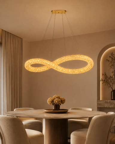 Lustră LED cu mini-cristale, AVI®, 110 x 40 cm, model spiralată în formă de 8, one-piece, telecomandă, 3 tipuri de lumină, efect luxury, configurație (40-60W) x 4, AVI-5565 [6]