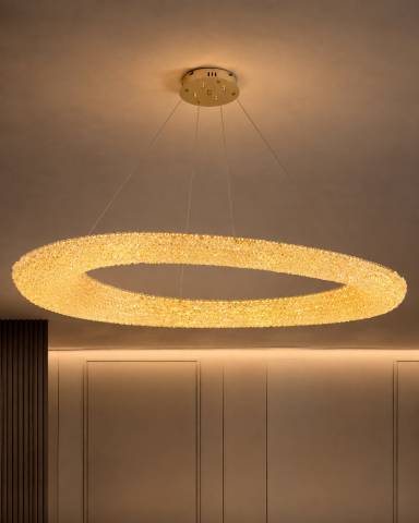 Lustre si pendule - Lustră LED cu mini-cristale, AVI®, 140 x 55 cm, configurație (40-60W) x 4, telecomandă, 3 tipuri de lumină, efect luxury, AVI-5568