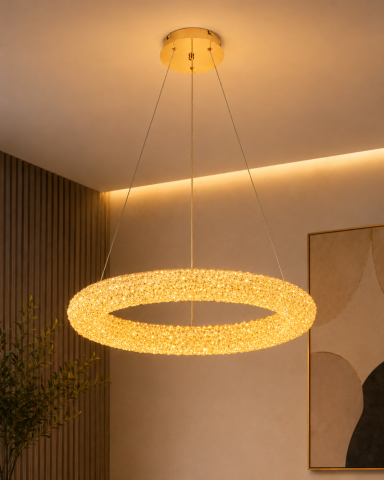 Lustre si pendule - Lustră LED cu mini-cristale, AVI®, Ø60 cm, configurație (40-60W) x 2, telecomandă, 3 tipuri de lumină, efect luxury, AVI-5543