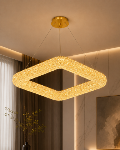 Lustre si pendule - Lustră LED cu mini-cristale, AVI®, pătrată, latură 50 cm, configurație (40-60W) x 2, telecomandă, 3 tipuri de lumină, efect luxury, AVI-5572