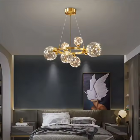 Lustre si pendule - Lustra LED cu schelet metalic auriu, Ø 50cm, cu 9 globuri Ø 13-15cm, iluminate cu instalatii LED, AVI-4386