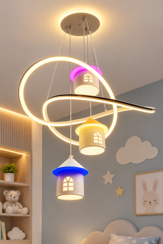 Casa - Lustră LED modernă suspendată, AVI®, Ø55 cm, suport iluminat, 3 căsuțe colorate cu iluminare LED individuală, AVI-4372