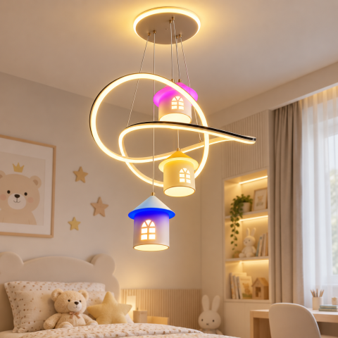 Lustra LED moderna suspendata, AVI®, Ø55 cm, suport iluminat, 3 casute colorate cu iluminare LED individuala, AVI-4372 [1]