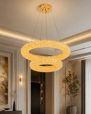 Casa - Lustră LED Smart cu 2 inele și mini-cristale, AVI®, auriu, inel Ø60 cm + Ø40 cm, telecomandă, 3 tipuri de lumină, efect luxury, AVI-5544