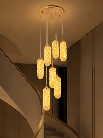 Lustră LED Smart cu 7 pendule cilindrice și mini-cristale, AVI®, suport tavan Ø35 cm, auriu, pendule 25 × Ø7 cm, reglabile pe înălțime, efect luxury, AVI-5547 [2]