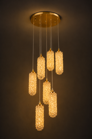 Lustre si pendule - Lustră LED Smart cu 7 pendule cilindrice și mini-cristale, AVI®, suport tavan Ø35 cm, auriu, pendule 25 × Ø7 cm, reglabile pe înălțime, efect luxury, AVI-5547