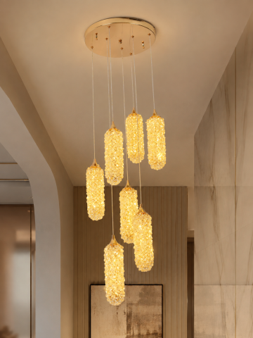 Lustră LED Smart cu 7 pendule cilindrice și mini-cristale, AVI®, suport tavan Ø35 cm, auriu, pendule 25 × Ø7 cm, reglabile pe înălțime, efect luxury, AVI-5547 [3]