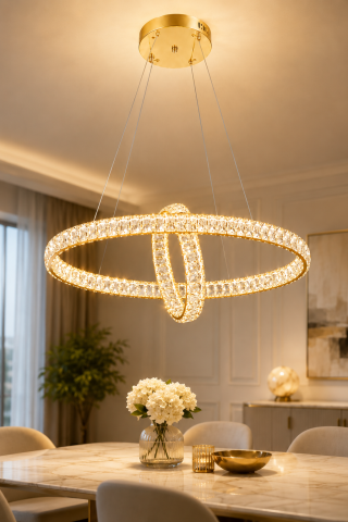 Lustră LED Smart cu cristale, AVI®, 2 inele interconectate 60 x 40 cm și Ø32 cm, telecomandă, 3 tipuri de lumină, schelet auriu, AVI-5534 [2]