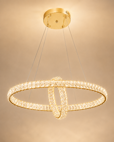Lustre si pendule - Lustră LED Smart cu cristale, AVI®, 2 inele interconectate 60 x 40 cm și Ø32 cm, telecomandă, 3 tipuri de lumină, schelet auriu, AVI-5534