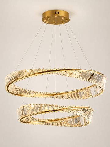 Lustre si pendule - Lustră LED Smart cu cristale, AVI®, 2 inele spiralate Ø60 și Ø40 cm, reglabile individual, telecomandă, 3 tipuri de lumină, schelet auriu, AVI-5526