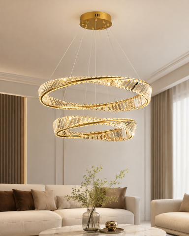 Lustră LED Smart cu cristale, AVI®, 2 inele spiralate Ø60 și Ø40 cm, reglabile individual, telecomandă, 3 tipuri de lumină, schelet auriu, AVI-5526 [1]