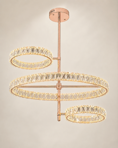 Lustre si pendule - Lustră LED Smart cu cristale, AVI®, 3 inele reglabile, 2 x Ø25 cm + 55 x 33 cm, telecomandă, 3 tipuri de lumină, schelet auriu, AVI-5533