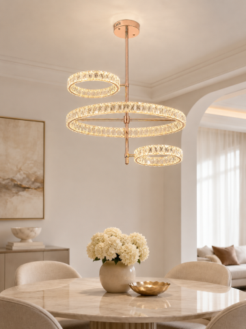 Lustră LED Smart cu cristale, AVI®, 3 inele reglabile, 2 x Ø25 cm + 55 x 33 cm, telecomandă, 3 tipuri de lumină, schelet auriu, AVI-5533 [1]