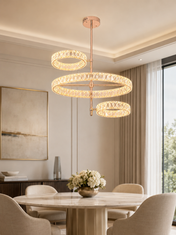 Lustră LED Smart cu cristale, AVI®, 3 inele reglabile, 2 x Ø25 cm + 55 x 33 cm, telecomandă, 3 tipuri de lumină, schelet auriu, AVI-5533 [2]