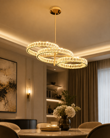Lustră LED Smart cu cristale, AVI®, 3 inele reglabile, 2 x Ø25 cm + 55 x 33 cm, telecomandă, 3 tipuri de lumină, schelet auriu, AVI-5533 [1]