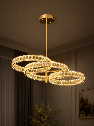 Lustră LED Smart cu cristale, AVI®, 3 inele reglabile, 2 x Ø25 cm + 55 x 33 cm, telecomandă, 3 tipuri de lumină, schelet auriu, AVI-5533 [4]
