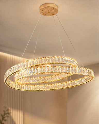 Lustre si pendule - Lustră LED Smart cu cristale, AVI®, 60 x 40 cm, model spiralat, telecomandă, 3 tipuri de lumină, schelet metalic auriu, AVI-5523