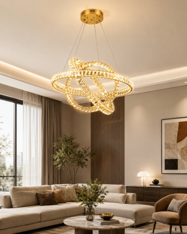 Lustră LED Smart cu cristale, AVI®, Ø60 cm, 3 inele concentrice rotative, cristale 5 cm, telecomandă, 3 tipuri de lumină, schelet auriu, AVI-5529 [1]