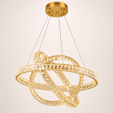 Lustre si pendule - Lustră LED Smart cu cristale, AVI®, Ø60 cm, 3 inele concentrice rotative, cristale 5 cm, telecomandă, 3 tipuri de lumină, schelet auriu, AVI-5529