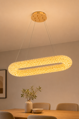 Casa - Lustră LED Smart cu mini-cristale, AVI®, 90 x 30 cm, configurație (60-80W) x 2, telecomandă, 3 tipuri de lumină, efect luxury, AVI-5540