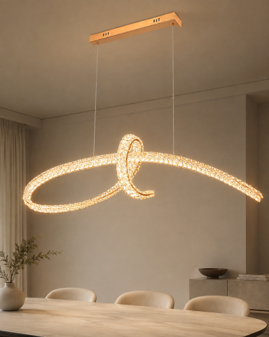 Lustre si pendule - Lustră LED Smart spiralată cu cristale, AVI®, lungime 120 cm, schelet metalic auriu, telecomandă, 3 tipuri de lumină, AVI-5532
