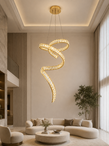 Lustră LED Smart tip panglică asimetrică spiralată, AVI®, cu cristale, schelet metalic auriu, telecomanda, corp 70 cm, 3 tipuri de lumină, AVI-5535 [3]
