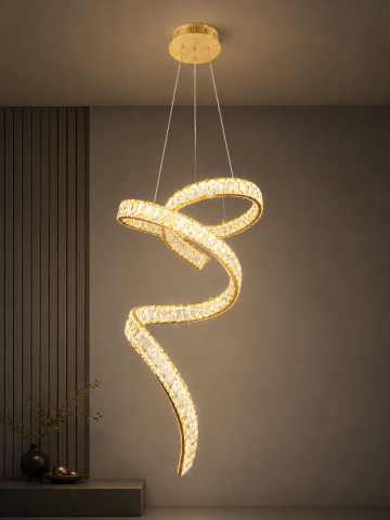 Lustră LED Smart tip panglică asimetrică spiralată, AVI®, cu cristale, schelet metalic auriu, telecomanda, corp 70 cm, 3 tipuri de lumină, AVI-5535 [1]
