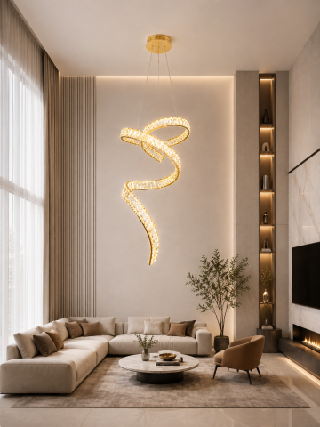 Lustre si pendule - Lustră LED Smart tip panglică asimetrică spiralată, AVI®, cu cristale, schelet metalic auriu, telecomanda, corp 70 cm, 3 tipuri de lumină, AVI-5535