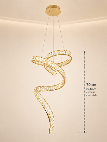 Lustră LED Smart tip panglică asimetrică spiralată, AVI®, cu cristale, schelet metalic auriu, telecomanda, corp 70 cm, 3 tipuri de lumină, AVI-5535 [4]