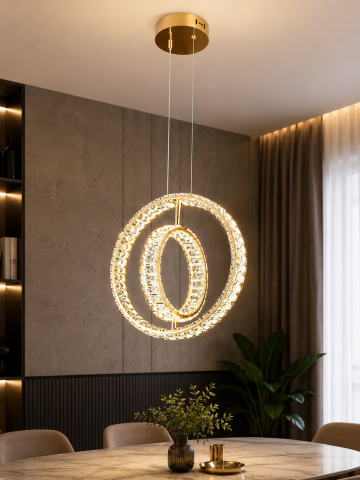 Lustre si pendule - Lustră LED Smart tip pendul cu cristale, AVI®, 2 inele interconectate Ø40 și Ø25 cm, telecomandă, 3 tipuri de lumină, schelet metalic auriu, AVI-5530