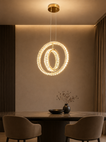 Lustră LED Smart tip pendul cu cristale, AVI®, 2 inele interconectate Ø40 și Ø25 cm, telecomandă, 3 tipuri de lumină, schelet metalic auriu, AVI-5530 [1]