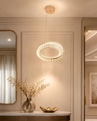 Lustre si pendule - Lustră LED Smart tip pendul cu cristale, AVI®, inel spiralat Ø35 cm, telecomandă, 3 tipuri de lumină, schelet metalic auriu, AVI-5527