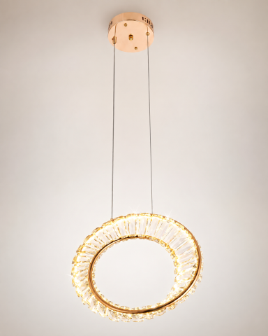 Lustre si pendule - Lustră LED Smart tip pendul cu cristale, AVI®, inel spiralat Ø40 cm, telecomandă, 3 tipuri de lumină, schelet metalic auriu, AVI-5524