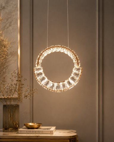 Casa - Lustră LED Smart tip pendul cu cristale, AVI®, Ø25 cm, telecomandă, 3 tipuri de lumină, schelet metalic auriu, AVI-5531
